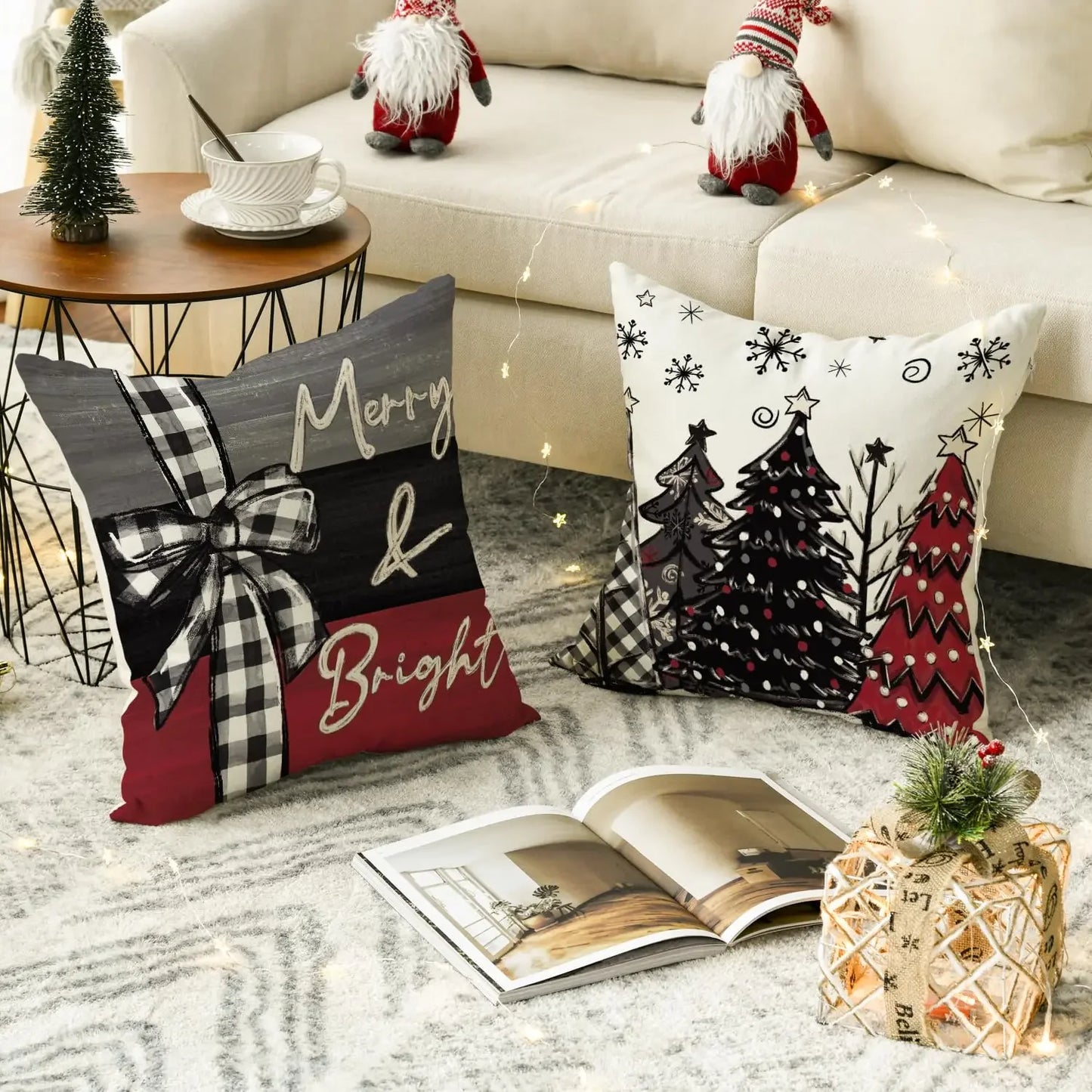 2 PCS Merry Christmas Joy Xmas Throw Pillow Cover Farmhuose  Holiday House Cushion Case Decoration Sofa Couch Living Room Decor