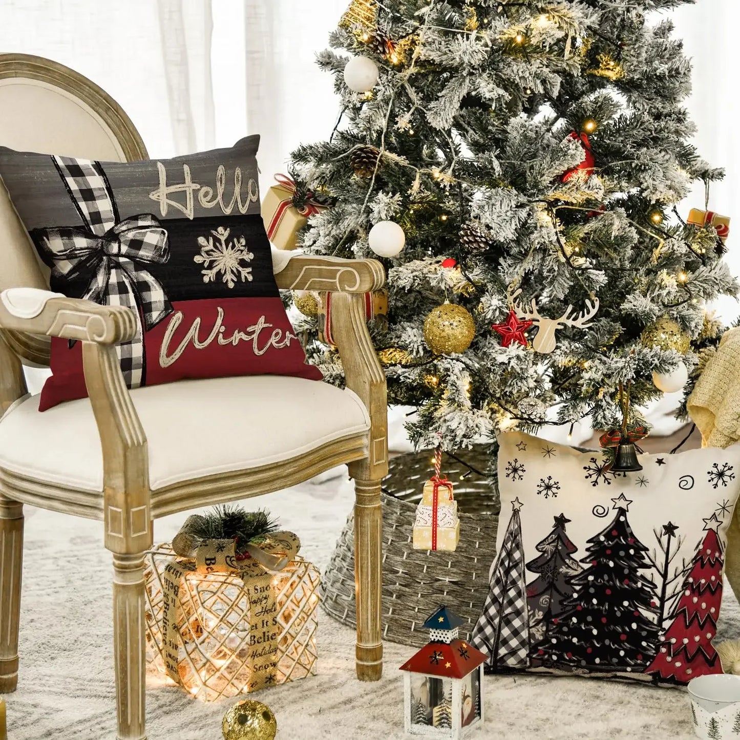 2 PCS Merry Christmas Joy Xmas Throw Pillow Cover Farmhuose  Holiday House Cushion Case Decoration Sofa Couch Living Room Decor