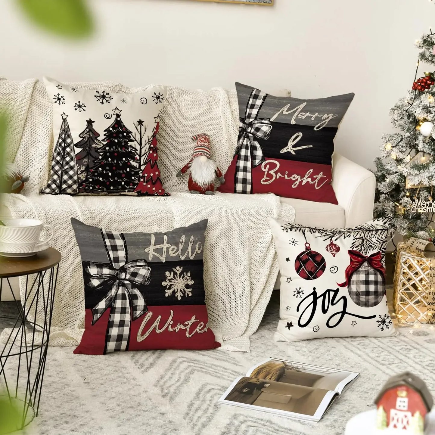 2 PCS Merry Christmas Joy Xmas Throw Pillow Cover Farmhuose  Holiday House Cushion Case Decoration Sofa Couch Living Room Decor